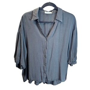 Mustard Seed Womens Black Puff Sleeve Button Down Blouse Oversized Small